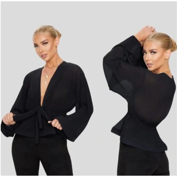 PrettyLittleThing Black Chiffon Pleated Flounced Hem Tie Front Blouse Black - Picture 1 of 5